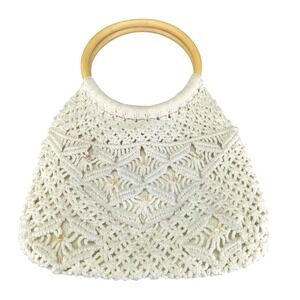 True Vintage Handmade Macrame Tote Bag Cream Wood Handles Bohemian Beach Purse